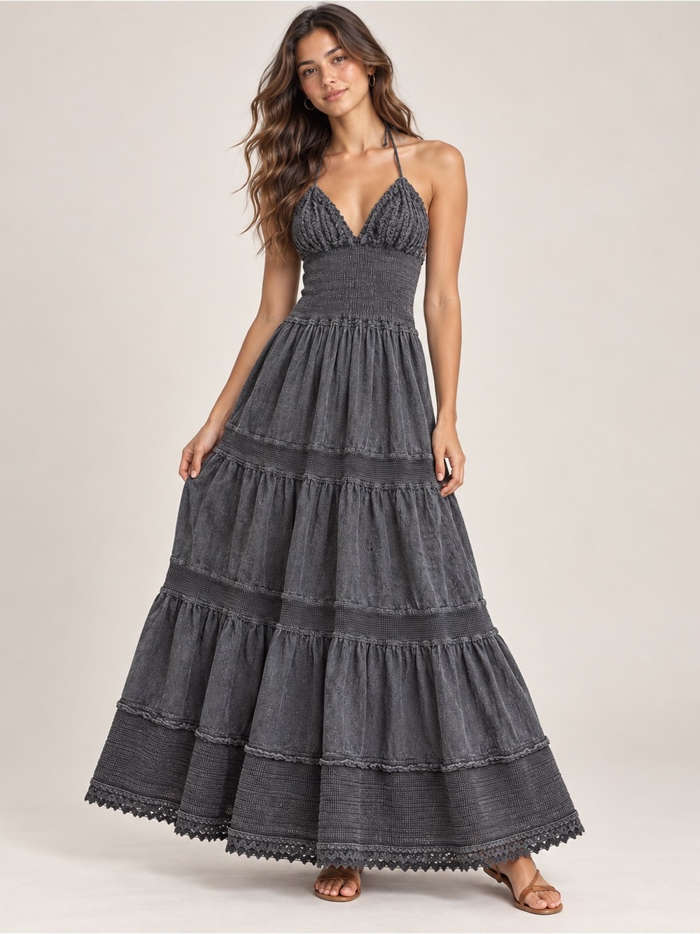 Smocked Halter Tiered Maxi Dress - Charcoal